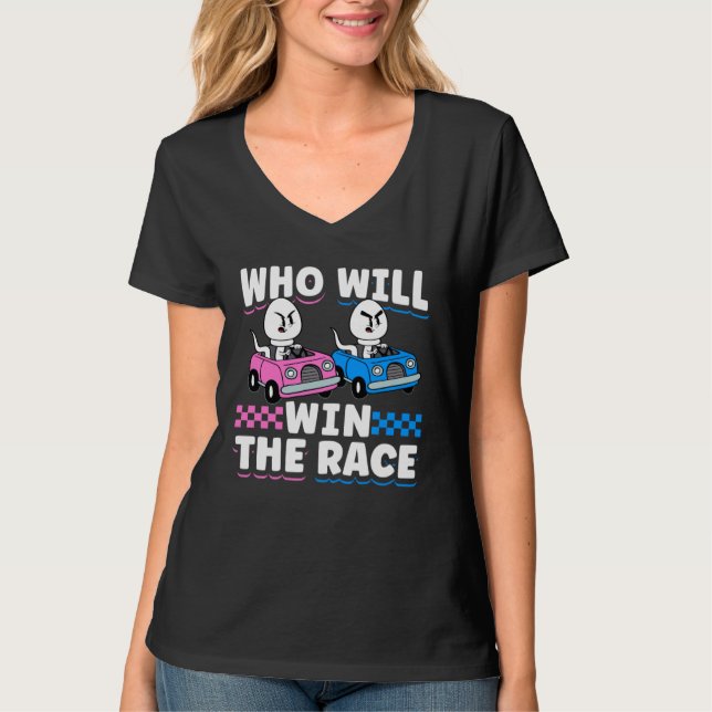 Camiseta Gender Reveal Baby Shower Who Will Win The Race (Frente)