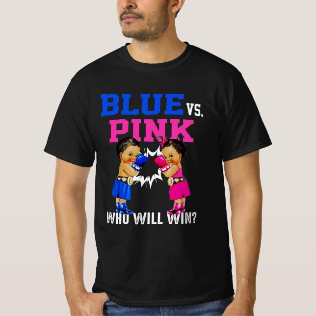 Camiseta Gênero Revela Azul vs Bebês Boxas Étnicas Rosa (Frente)