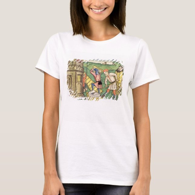 Camiseta Gênesis 11 1-9 Construindo a Torre de Babel, de t (Frente)
