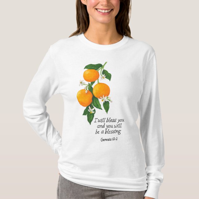 Camiseta Gênesis da Fruta laranja 12:2 (Frente)