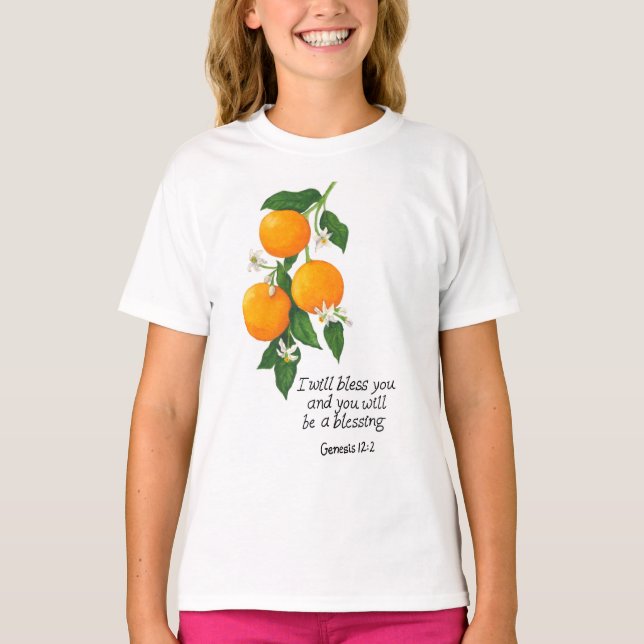 Camiseta Gênesis da Fruta laranja 12:2 (Frente)