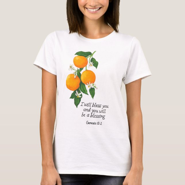 Camiseta Gênesis de Frutas Laranja 12:2 (Frente)