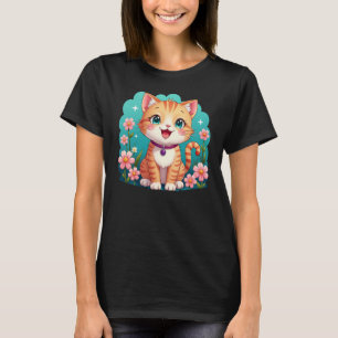 Camiseta Gengibre bonito com flores - Gato de desenho anima