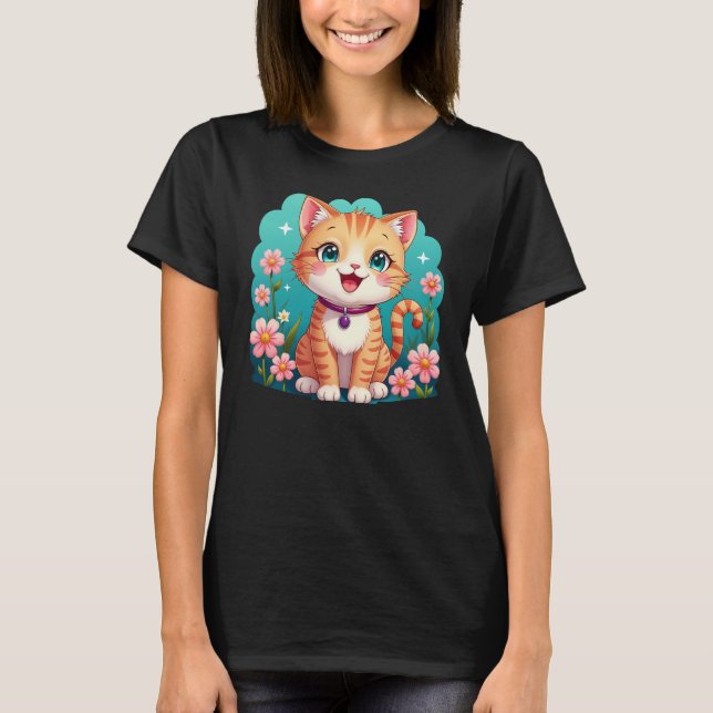 Camiseta Gengibre bonito com flores - Gato de desenho anima (Frente)