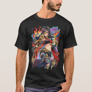 Camiseta Genshin Dehya Longo Cabelo Escuro Dourado Listrado