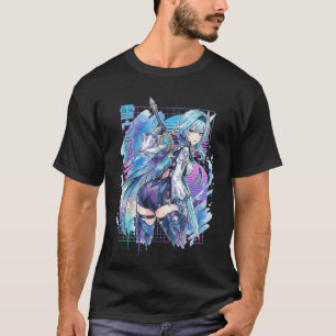 Camiseta Genshin Eula Vaporwave Glitch Palma Pôr do Sol Neo