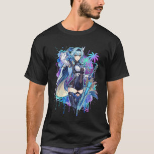Camiseta Genshin Impact Eula Vaporwave Neon Grid Texto Japo