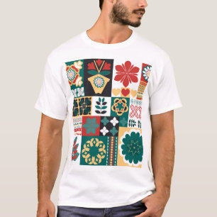 Camiseta Geométrico Mexicano: Ornamento Verde Vermelho.