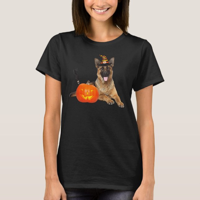 Camiseta German shepherd Bruxa de Chapéu de Halloween (Frente)