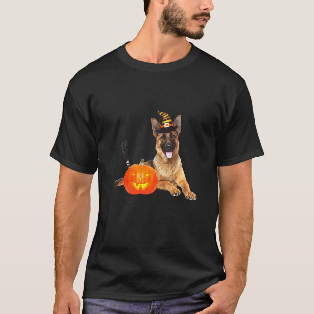 Camiseta German shepherd Bruxa de Chapéu de Halloween (Frente)