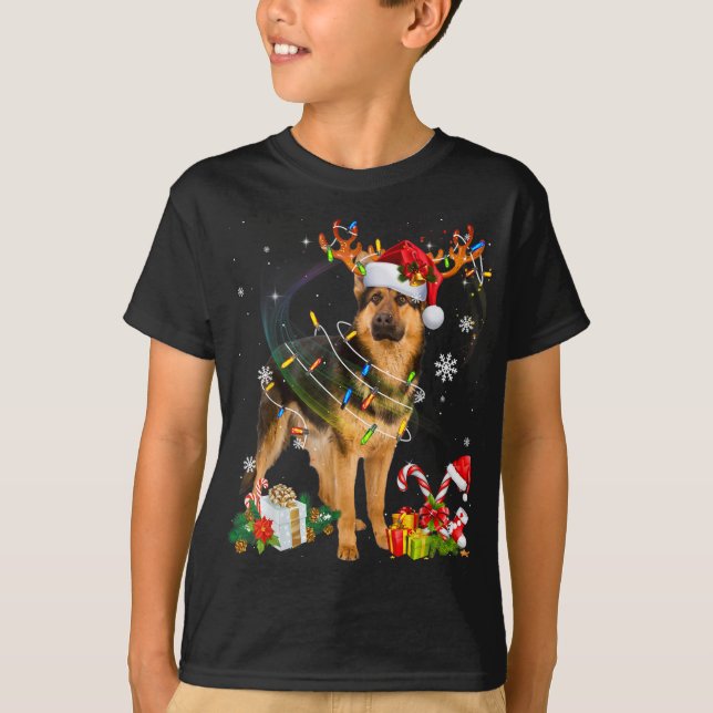 Camiseta German shepherd Cachorro Luz Santa Hat Árvore Nata (Frente)
