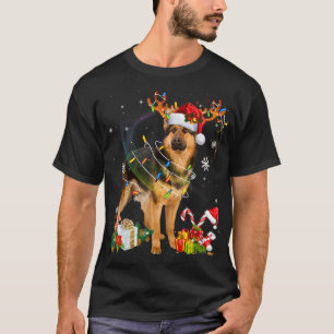 Camiseta German shepherd Cachorro Luz Santa Hat Árvore Nata