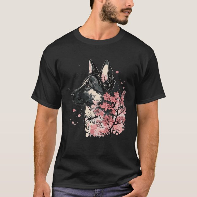 Camiseta German Shepherd Cherry Blossom Dog Breed Japanese  (Frente)