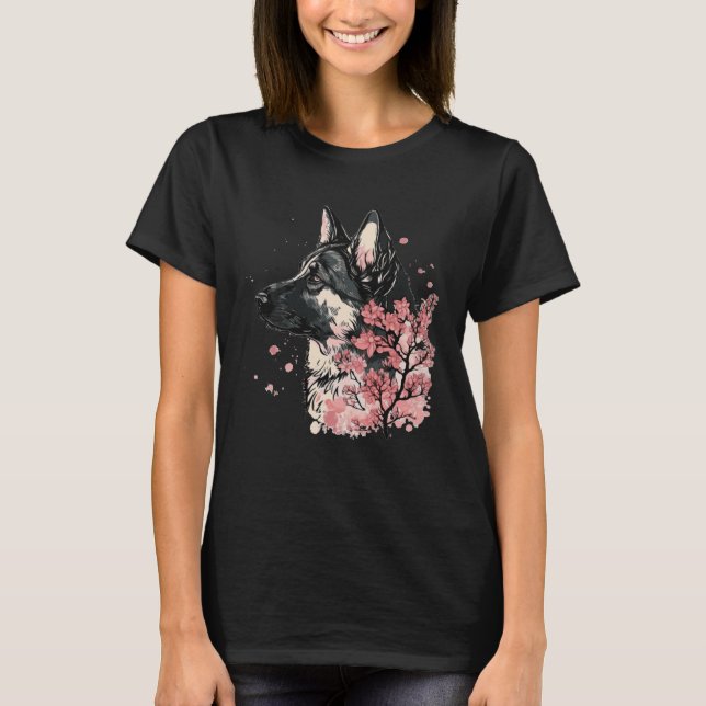 Camiseta German Shepherd Cherry Blossom Dog Breed Japanese  (Frente)