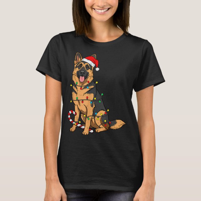 Camiseta German Shepherd Dog Christmas Lights Xmas Pet Dog  (Frente)