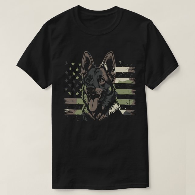 Camiseta German shepherd Dog USA American Flag 4 De Julho (Frente do Design)