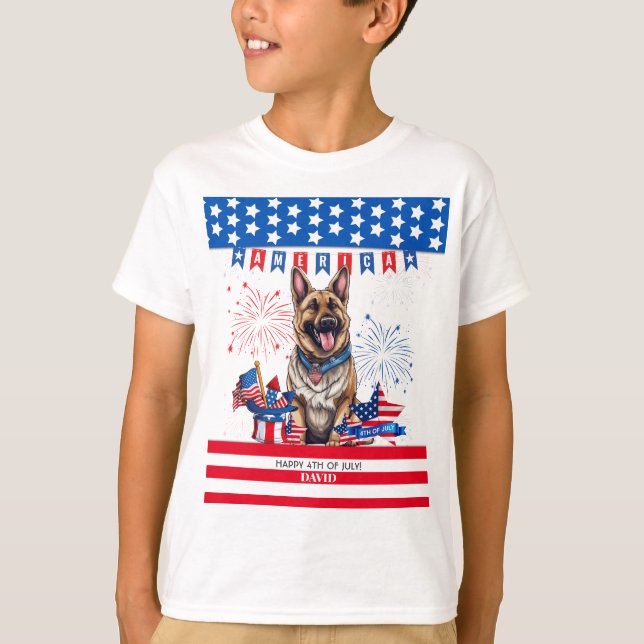 Camiseta German shepherd Feliz Dia 4 De Julho Da Independên (Frente)