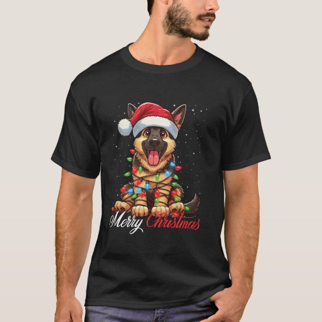 Camiseta German shepherd Feliz Natal Luzes Santa Hat X (Frente)