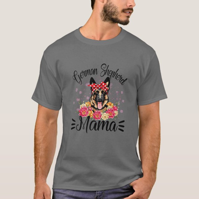 Camiseta German shepherd Mama Florals Cachorro Bonito Mãe d (Frente)