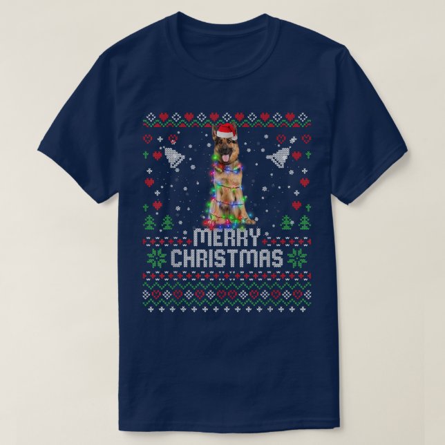 Camiseta German shepherd Noel Hog Árvore de Natal Luz (Frente do Design)