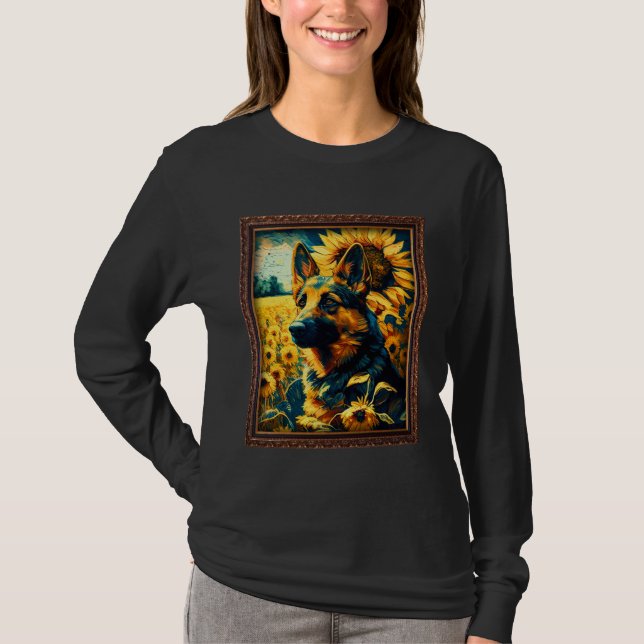 Camiseta German Shepherd Painting Sunflower Flower Mom Wome (Frente)