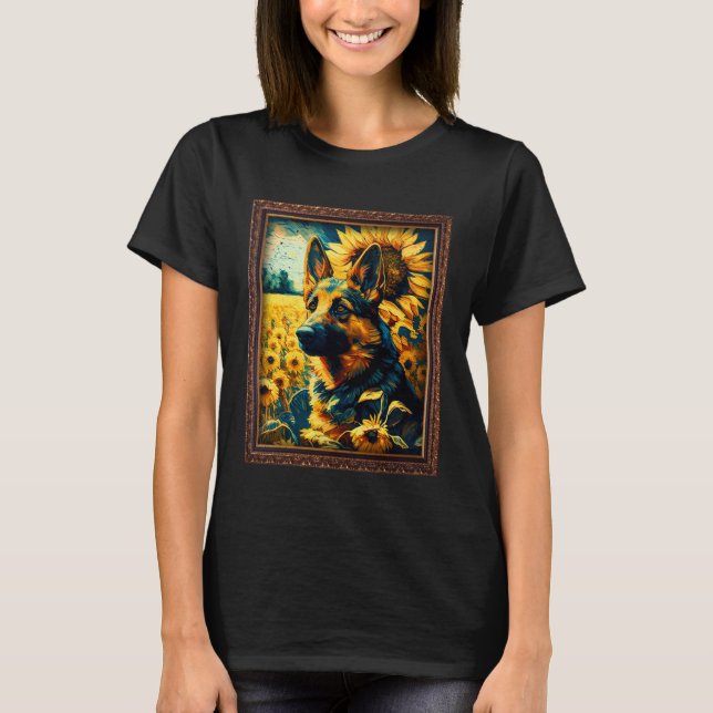 Camiseta German Shepherd Painting Sunflower Flower Mom Wome (Frente)