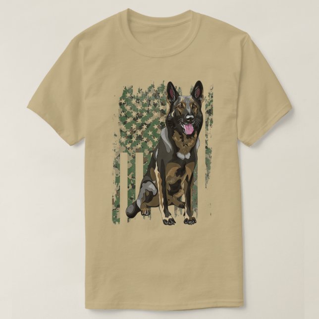 Camiseta German shepherd Patriótico Camo American Flag Dog (Frente do Design)
