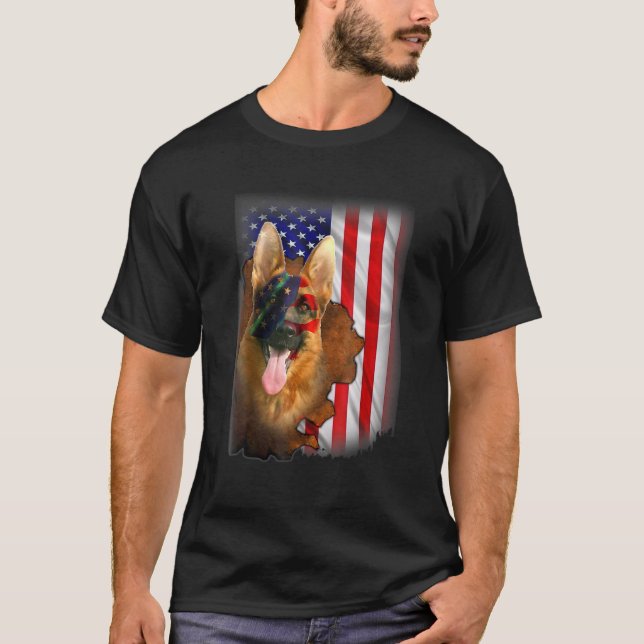 Camiseta German shepherd Patriótico - Cão de Bandeira Ameri (Frente)