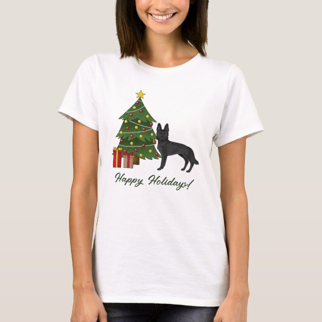 Camiseta German shepherd Preto E Árvore De Natal Festiva (Frente)