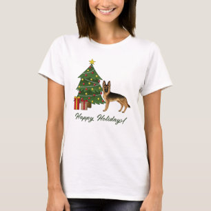 Camiseta German shepherd Preto E Tan E Árvore De Natal