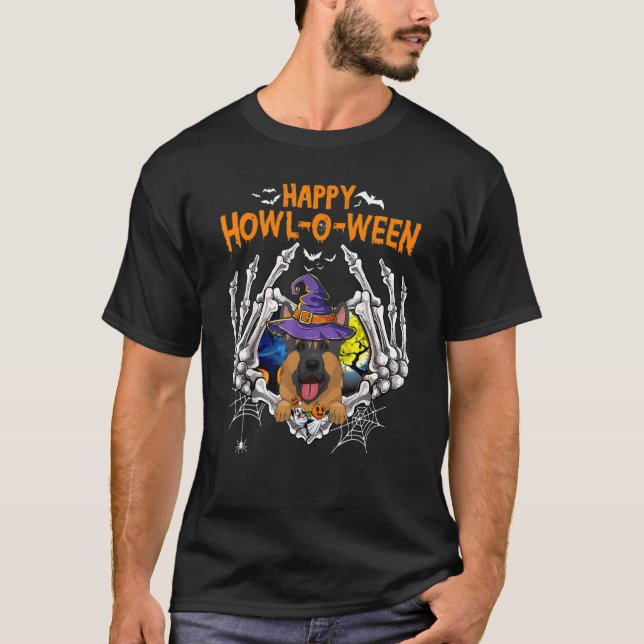 Camiseta German shepherd Skeleton Heart Howl O Ween C (Frente)