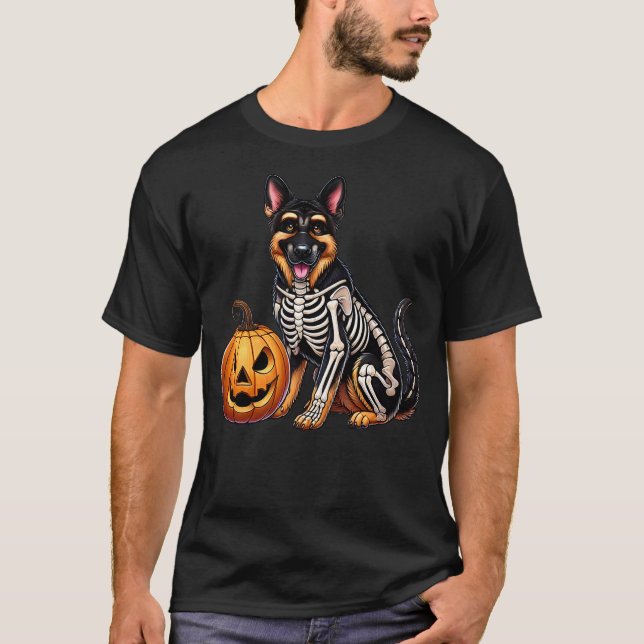 Camiseta German Shepherd Skeleton Jack O Lantern Funny Dog  (Frente)