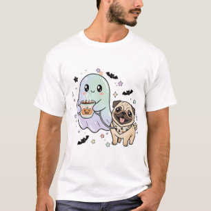 Camiseta Ghost Bonito Cachorro Andando Pug Café Halloween C