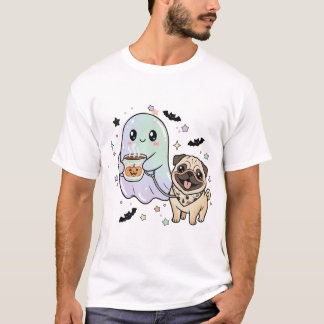 Camiseta Ghost Bonito Cachorro Andando Pug Café Halloween C