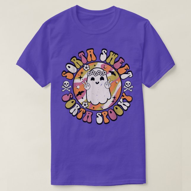 Camiseta Ghost Bonito Halloween Sorta Sweet Sorta Spooky Qu (Frente do Design)