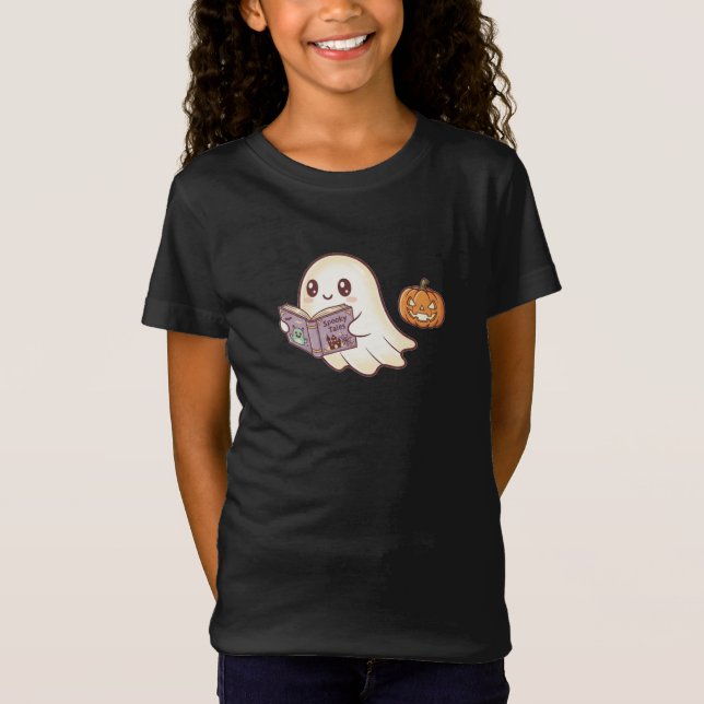 Camiseta Ghost Bonito Lendo Caricatura de Halloween de Livr (Frente)