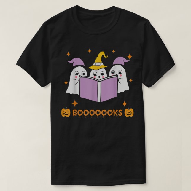 Camiseta Ghost Book Bonito Lendo Professor de Halloween Eng (Frente do Design)