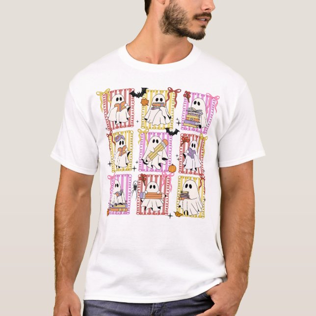 Camiseta Ghost Book Reading Halloween Books Lover Teacher  (Frente)