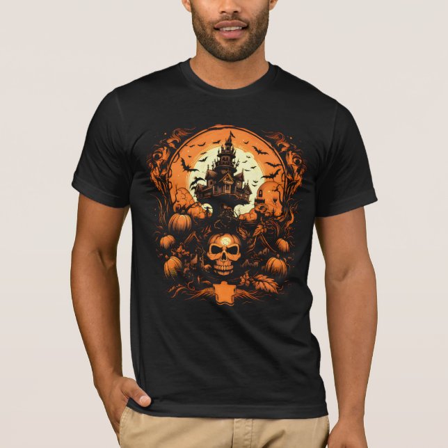 Camiseta Ghost Castle Skull em Orange | Preto Halloween (Frente)
