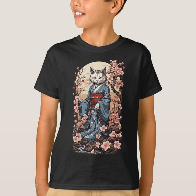 Camiseta Ghost Cat Com Kimono Japonês Yokai Folklore Desi (Frente)