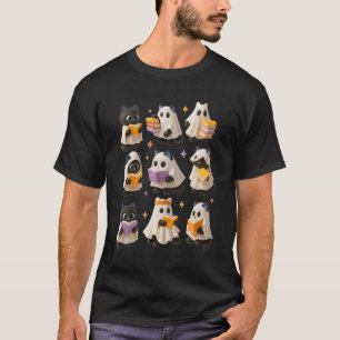 Camiseta Ghost Cat Leitura Livro de Halloween Gatinho Preto