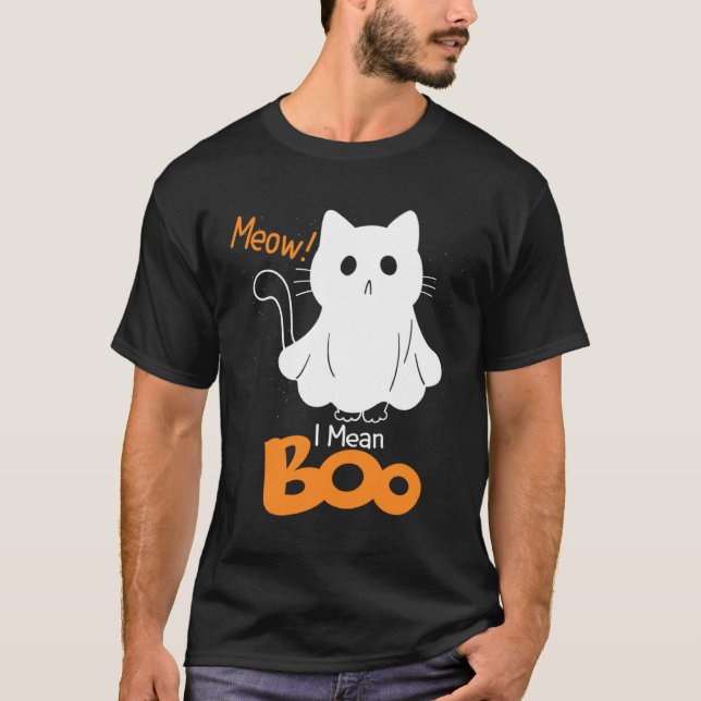 Camiseta Ghost Cat Meow I Mean Boo Pumpkin Moon Halloween (Frente)