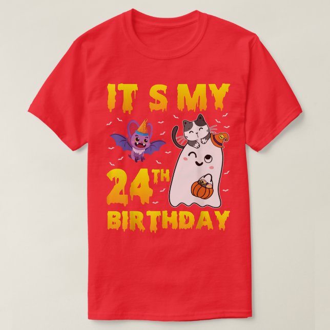 Camiseta Ghost Cat Pumpkin Candy Corn É Meu 24. Aniversário (Frente do Design)
