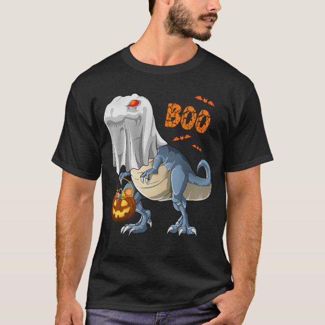 Camiseta Ghost Dinosaur T rex Engraçado Boo Halloween Pumpk (Frente)