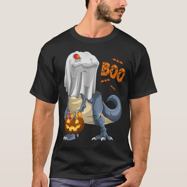 Camiseta Ghost Dinosaur T rex Engraçado Boo Halloween Pumpk (Frente)