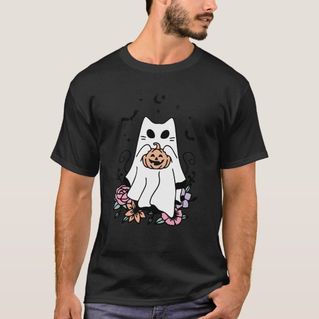 Camiseta Ghost Ghost Gato Pumpkin Halloween Homens Mulheres (Frente)