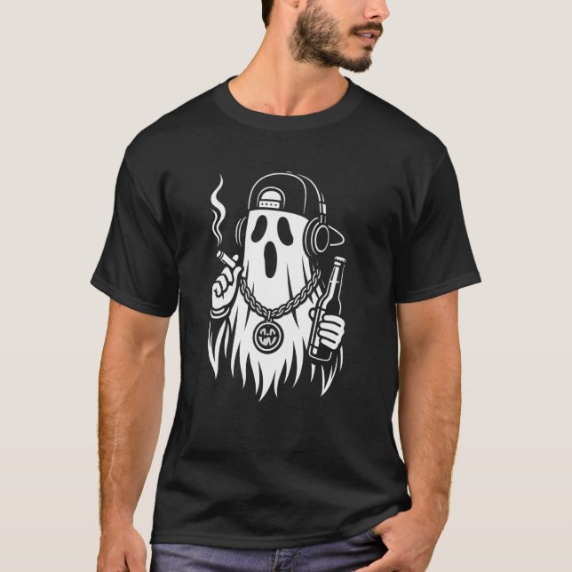 Camiseta Ghost Halloween Beer Cigarette Hip Hop Men Women (Frente)