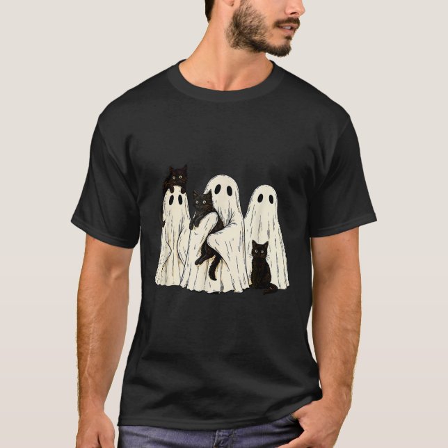 Camiseta Ghost Holding Black Cat Funny Halloween Cat Lovers (Frente)