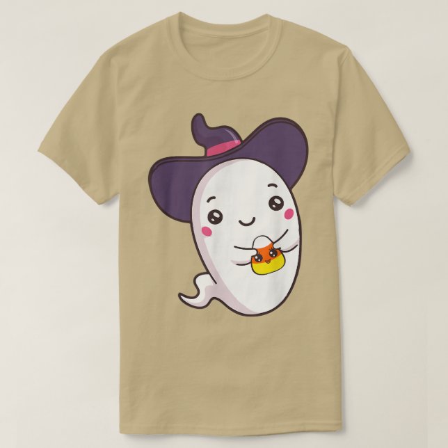 Camiseta Ghost Holding Candy Corn Cute Funny Halloween Cost (Frente do Design)