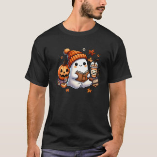 Camiseta Ghost Lading Book Bonito Amava Halloween Ghost Cof